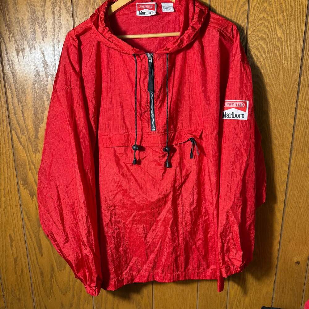 Vintage Marlboro Unlimited Red Anorak Half-Zip Nylon Windbreaker Jacket